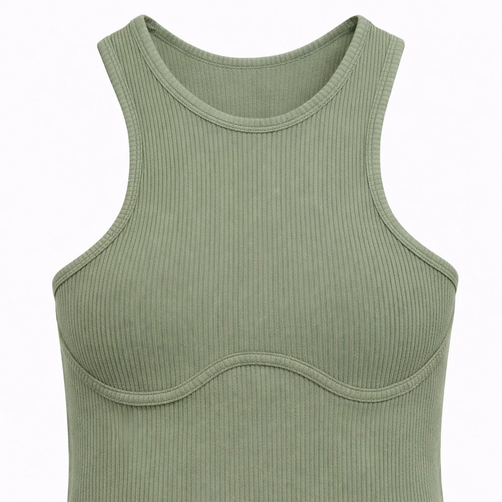 Sage Green Ribbed Crop Tank Top - Curved Bust Seam Detail - Racerback - Size S